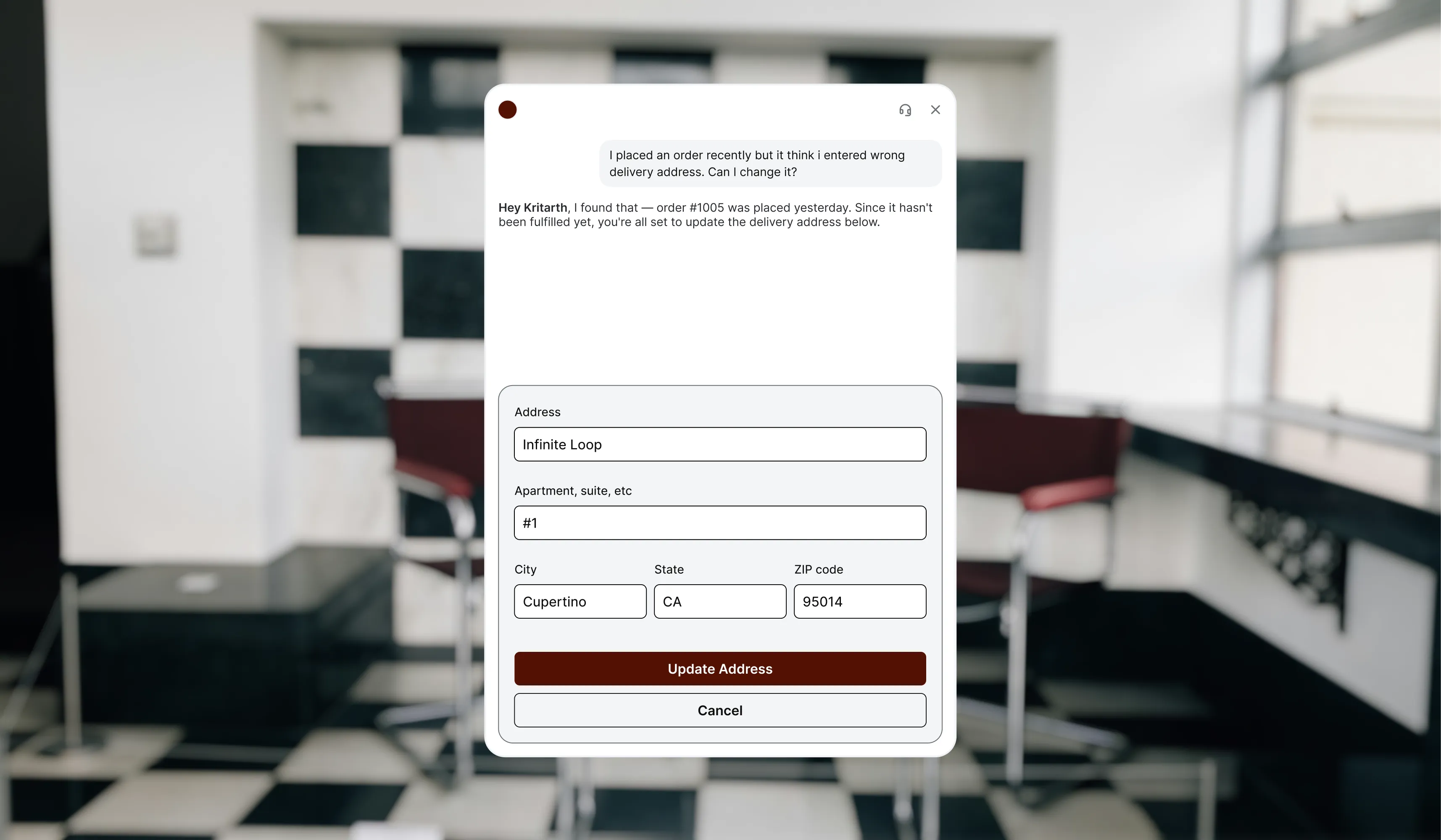 Asa helping a shopper update the delivery address on order #1005 before fulfillment. Asa confirms the order was placed yesterday and has not shipped, then presents an address form with Update Address and Cancel actions so the change can be completed in the conversation.